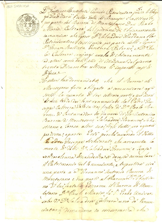 1821 SIRACUSA Sulla divisione dell'eredità don Giuseppe CULTRERA rinunciatario