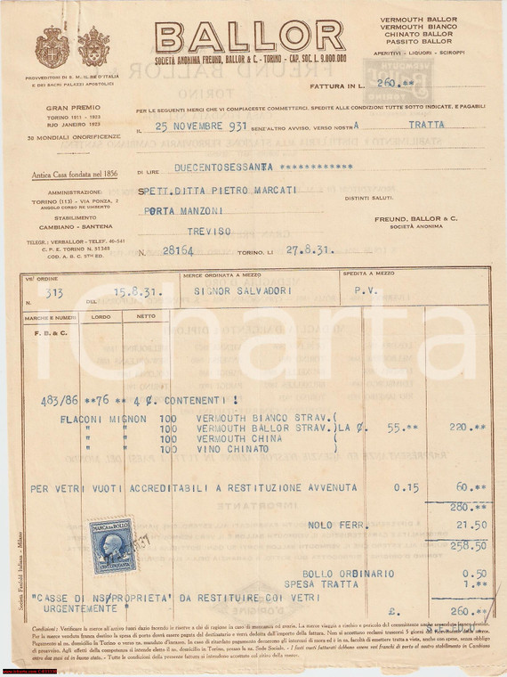 1931 TORINO FREUND, BALLOR & C. *Fattura per Vermouth bianco