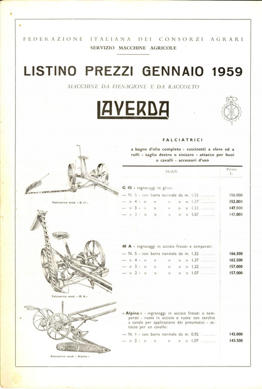 1959 BREGANZE (VI) Pietro LAVERDA Macchine da fienagione e da raccolto *Listino