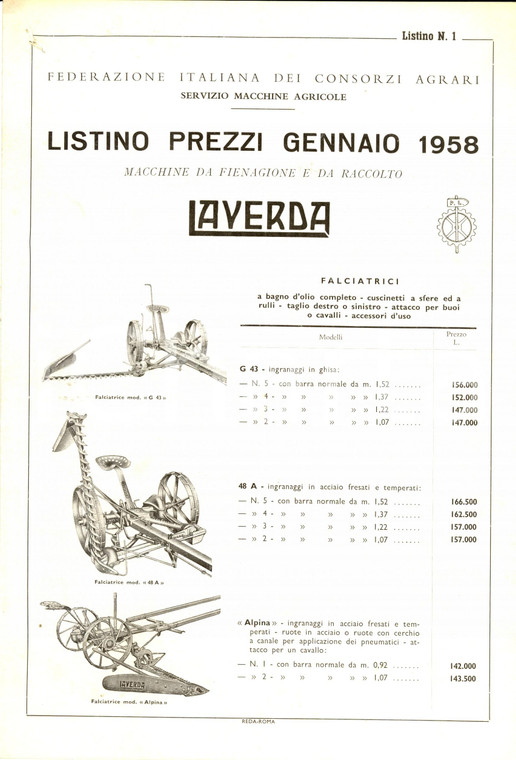 1958 BREGANZE (VI) Pietro LAVERDA Macchine da fienagione e da raccolto *Listino