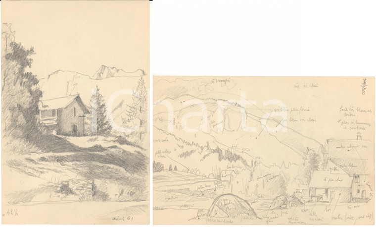 1961 FRANCIA Bozzetti a matita di paesaggio alpino *Disegni d'artista 16 x 24 cm