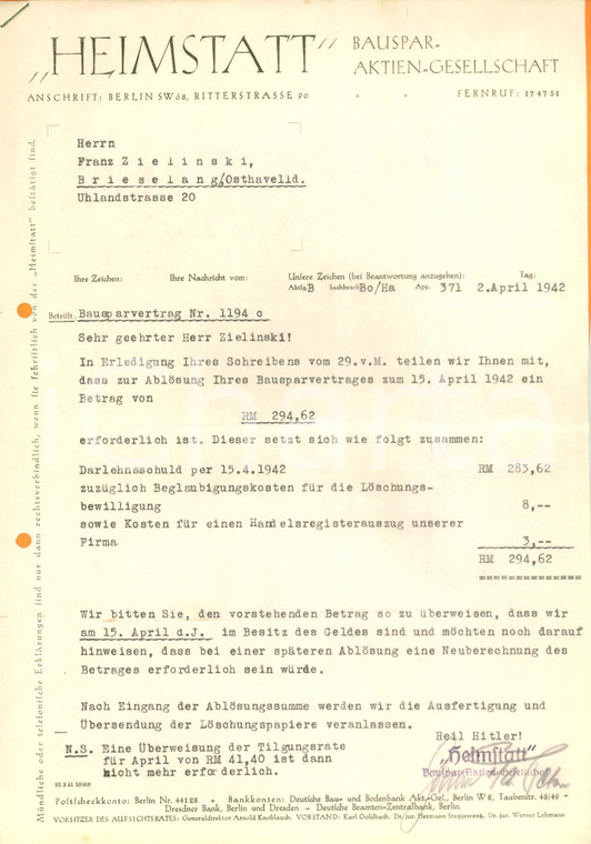 1942 BERLIN Prestito immobiliare HEIMSTATT Bauspar AG *Lettera commerciale