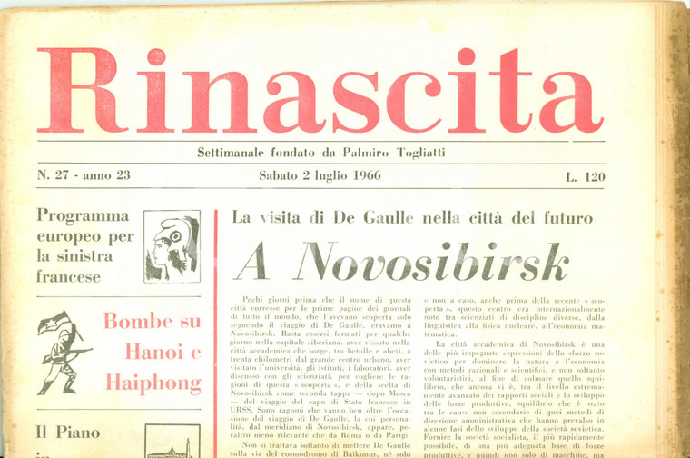 1966 RINASCITA Charles DE GAULLE visita NOVOSIBIRSK la città del futuro Giornale