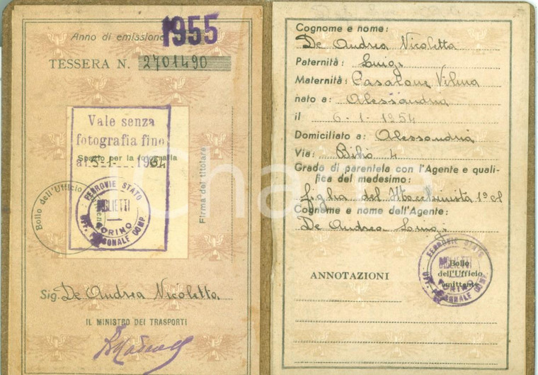1955 ALESSANDRIA FERROVIE DELLO STATO Nicoletta DE ANDREA Tessera riconoscimento