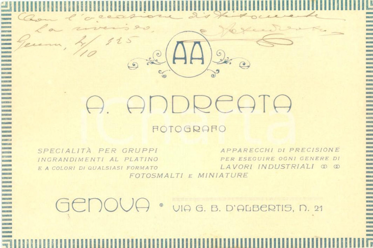 1925 GENOVA Fotografo ANDREATTA Specialità per gruppi fotosmalti *Biglietto