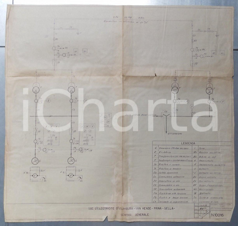 1939 USUMBURA (BURUNDI) Società elettrica VAN HENDE PRINA SELLA Schema generale