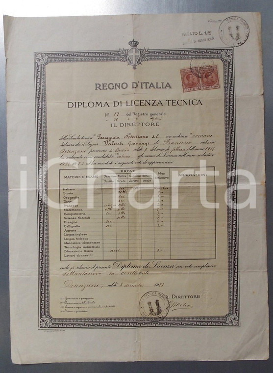 1923 DESENZANO (BS) Scuola tecnica pareggiata - Licenza di Giovanni VALENTI