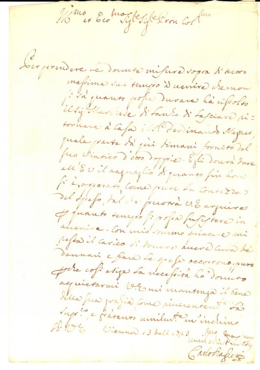 1723 VIENNA  Marchese di LANZO licenzia Ferdinando MEYRET *Carlo DRAGHETTI