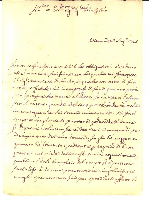 1725 VIENNA Carlo DRAGHETTI favorito dal Marchese di LANZO *Lettera