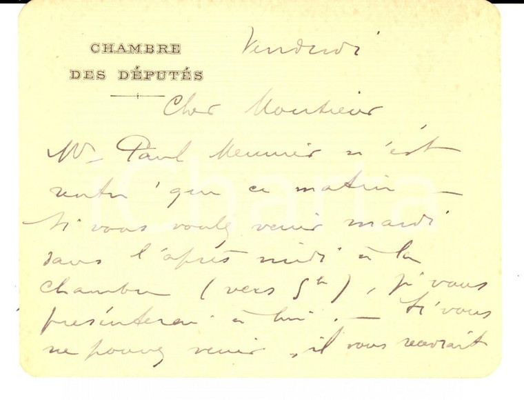 1916 PARIS Deputato Léon ACCAMBRAY promette incontro con Paul MEUNIER *AUTOGRAFO