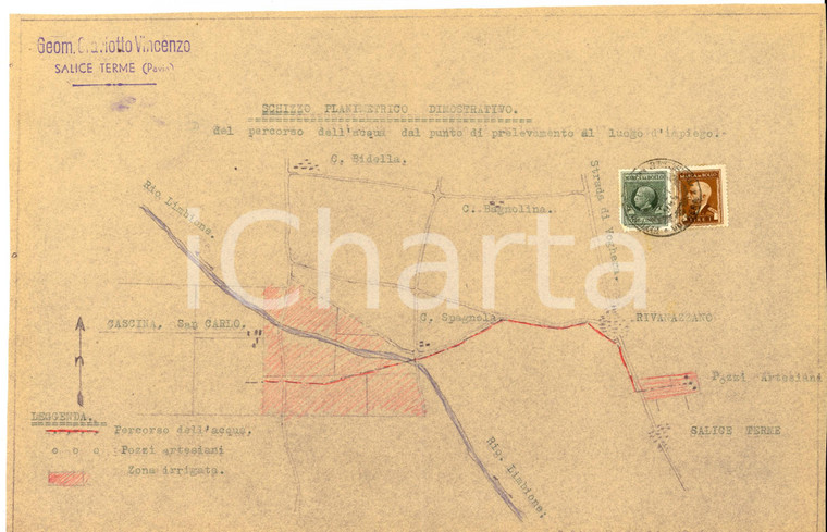 1944 RIVANAZZANO TERME Planimetria irrigazione dal rio LIMBIONE *Geom. CRAVIOTTO