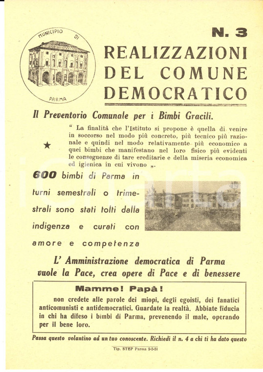 1951 PARMA Elezioni comunali - Preventorio bimbi gracili *Volantino PROPAGANDA