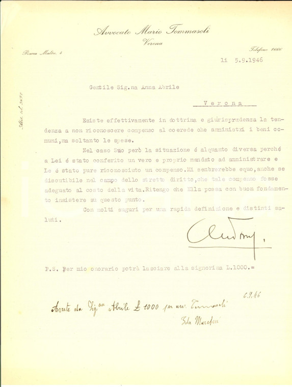 1946 VERONA Avv. Mario TOMMASOLI su mandato ad amministrare *Autografo