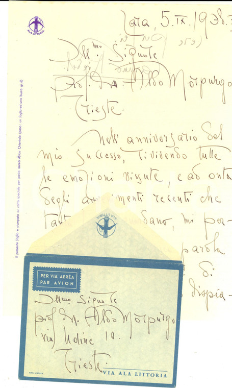 1938 ZARA (CROAZIA) Lettera Carlo RIEDEL ad Aldo MORPURGO *ALA LITTORIA S.A.