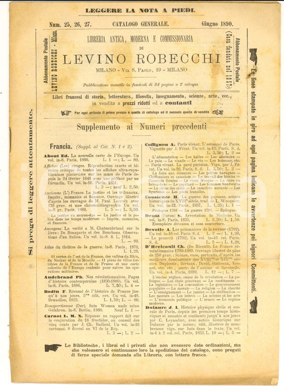 1890 MILANO Catalogo Libreria Levino ROBECCHI n° 25 26 27 Libri francesi
