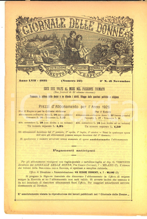 1925 MILANO GIORNALE DELLE DONNE Anno LVII n° 22 Il silenzio degli usignoli