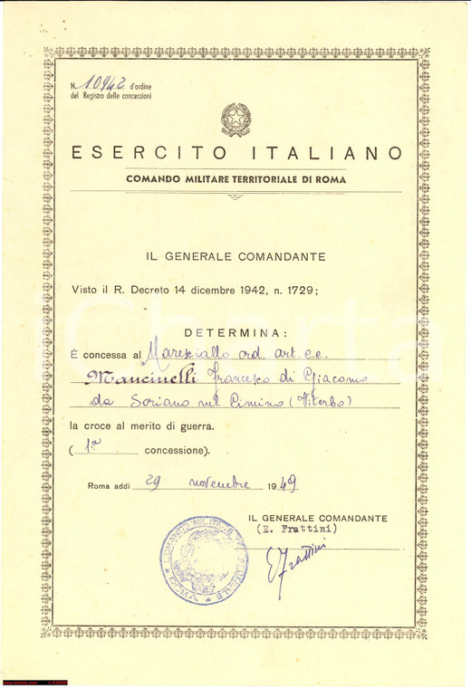 1949 Croce di guerra al M.llo MANCINELLI FRANCESCO