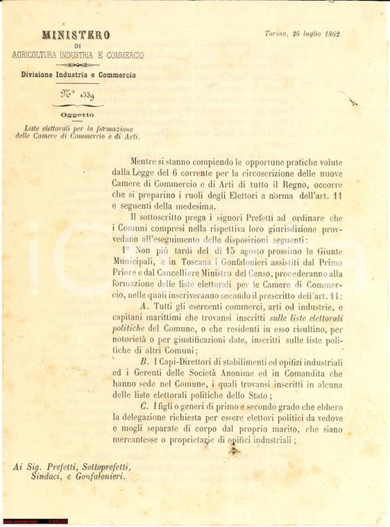 1862 marchese Pepoli liste elettorali mercatura circol.