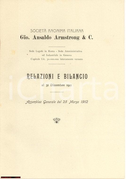 1911 GENOVA - GIO ANSALDO ARMSTRONG Relazioni e bilancio - 24 pp.