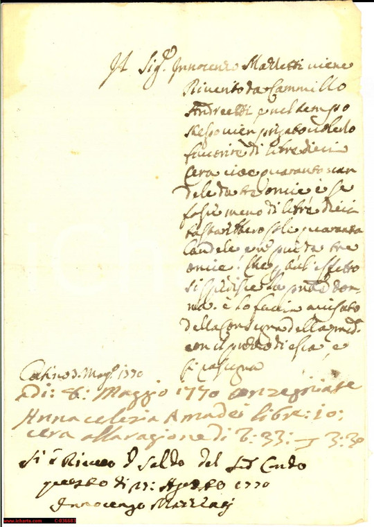 1770 POGGIO CATINO (RI) conto mercante Marletti candele