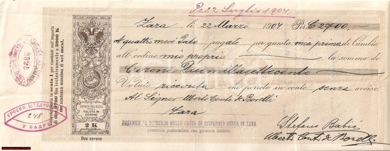 1907 ZARA Certificato di cambio Conte Uberto BORELLI
