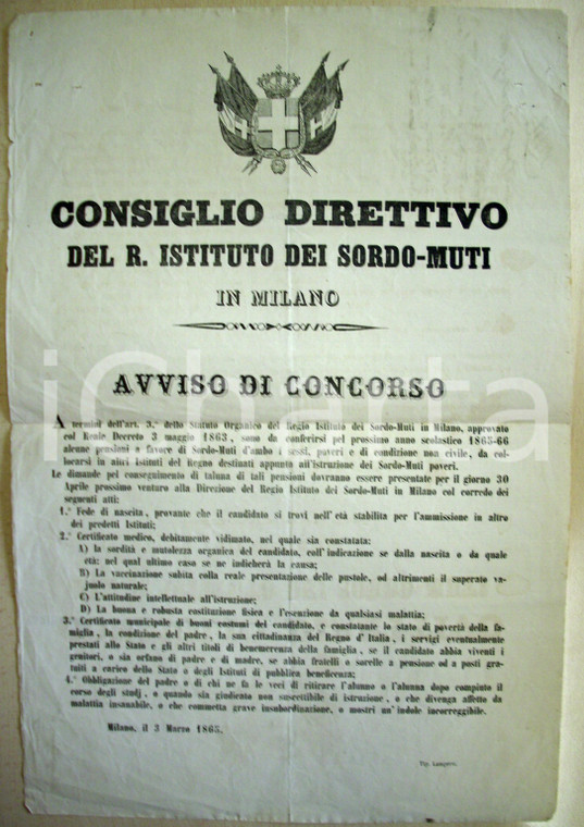 1865 MILANO Ammissione poveri Istituto dei SORDOMUTI