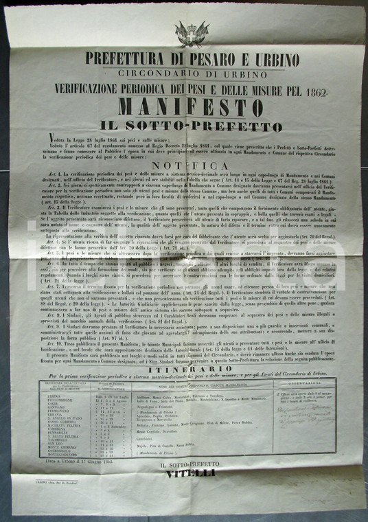 1862 URBINO Itinerario verificazione di PESI e MISURE