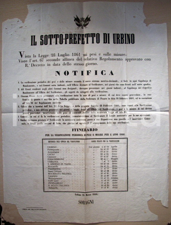 1866 URBINO Itinerario verifica pesi e misure Manifesto