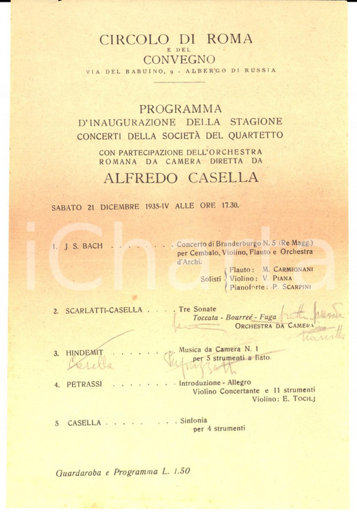 1935 ROMA Società del Quartetto Concerto orchestra romana con Alfredo CASELLA