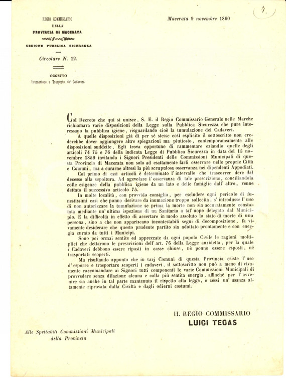 1860 MACERATA Contro il trasporto di cadaveri scoperti