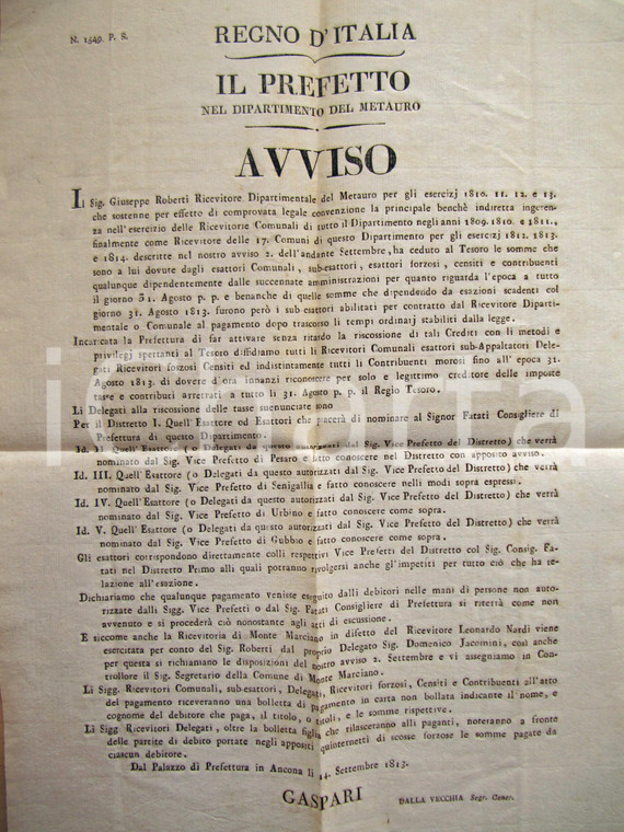1813 ANCONA Riscossone ricevitore dipartimentale Giuseppe ROBERTI