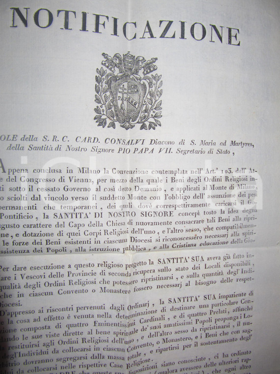 1817 STATO PONTIFICIO Riapertura conventi soppressi da Napoleone MANIFESTO