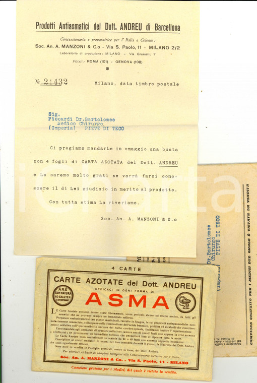 1937 MILANO Carte azotate dott. SALVADOR ANDREU Asma *Farmaceutica