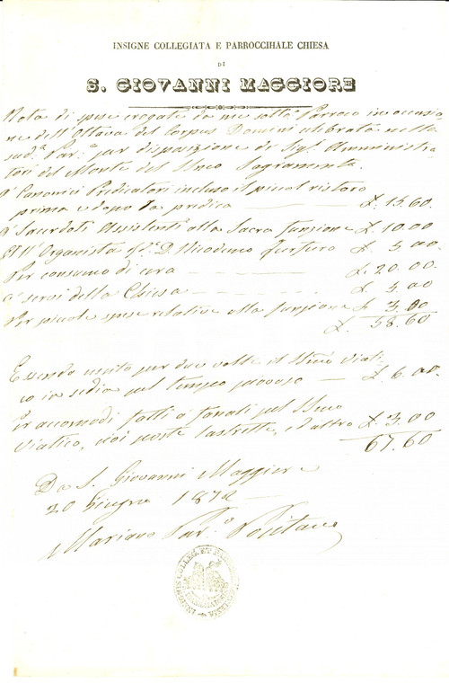 1872 NAPOLI SAN GIOVANNI MAGGIORE Spese ottava CORPUS DOMINI *Manoscritto