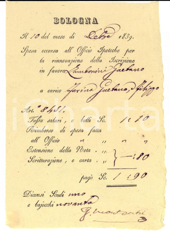 1839 BOLOGNA Iscrizione a carico Giacomo FARINA pro Gaetano ZAMBONINI