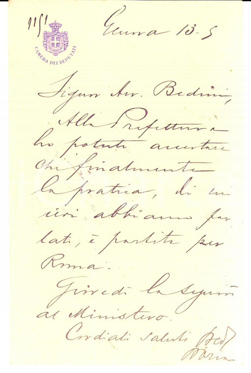 1910 ca GENOVA Lettera on. Giorgio D'ORIA per pratica a Roma *AUTOGRAFO