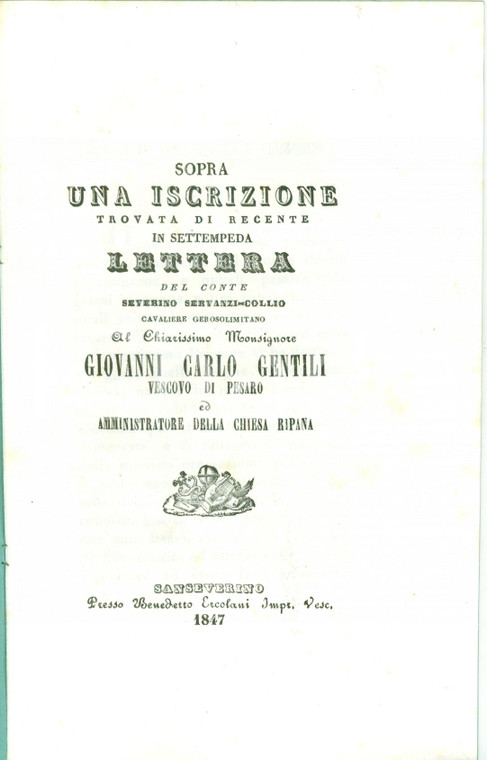 1847 SAN SEVERINO MARCHE (MC) Severino SERVANZI-COLLIO su iscrizione a FRONTONE