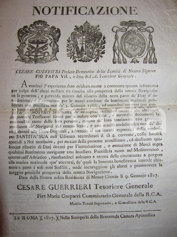 1817 STATO PONTIFICIO ROMA Navi fraudolente che battono bandiera pontificia