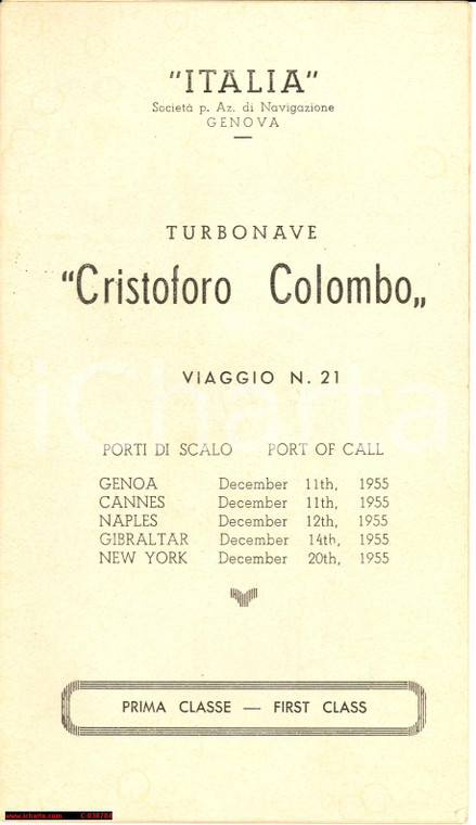 1955 nave Cristoforo Colombo, programma di viaggio