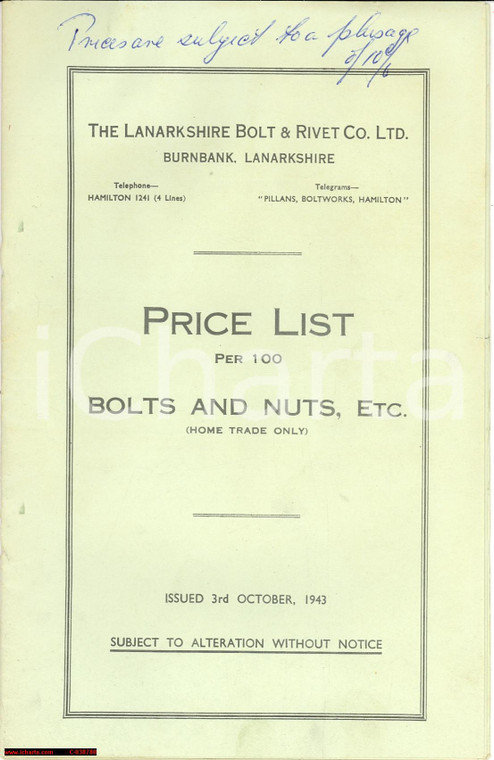 1943 BURNBANK (GB) LANARKSHIRE BOLT & RIVET Price List