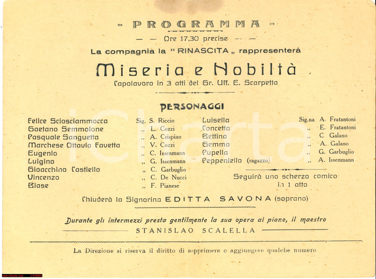 1920 circa NAPOLI Teatro LA RINASCITA Miseria e nobiltà