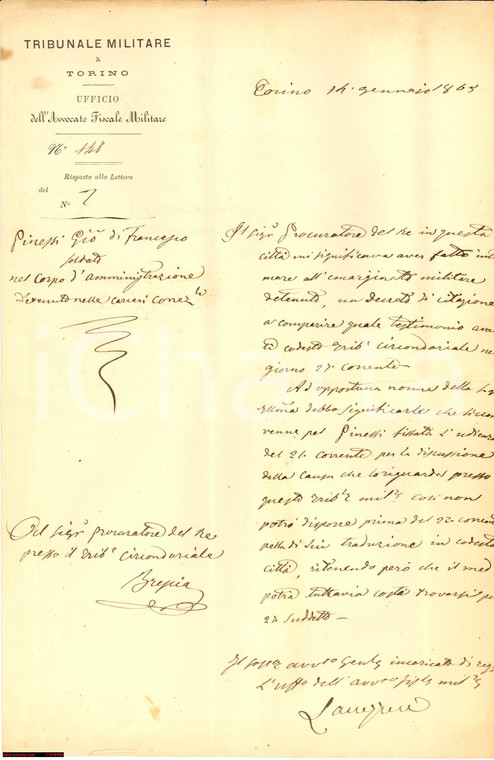 1863 TORINO Processo a Giovanni PINESSI soldato