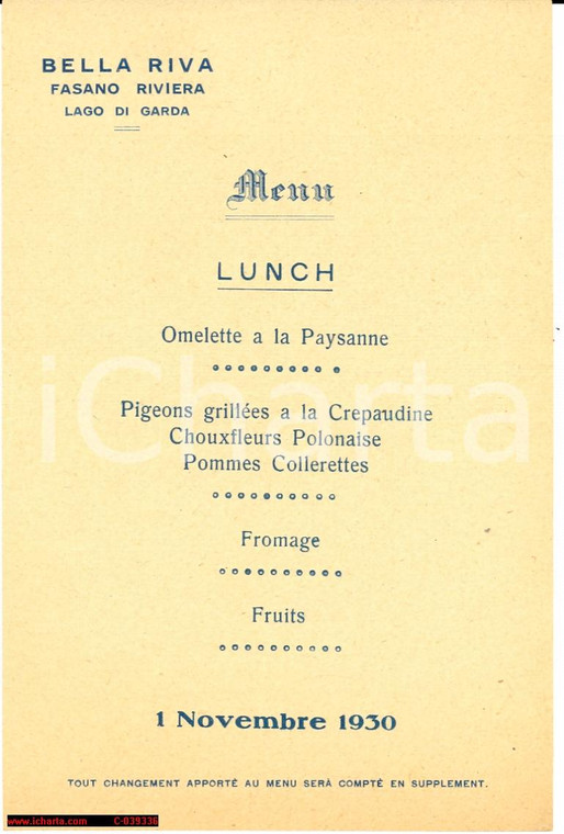 1930 FASANO (BS) Ristorante BELLARIVA Menù lunch