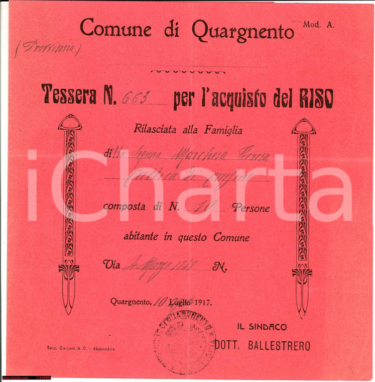 1917 QUARGNENTO tessera riso marchesa Cuttica Cassine