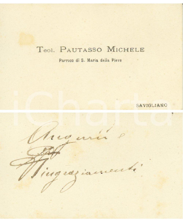 1890 ca SAVIGLIANO (CN) Biglietto da visita Michele PAUTASSO teologo *Autografo