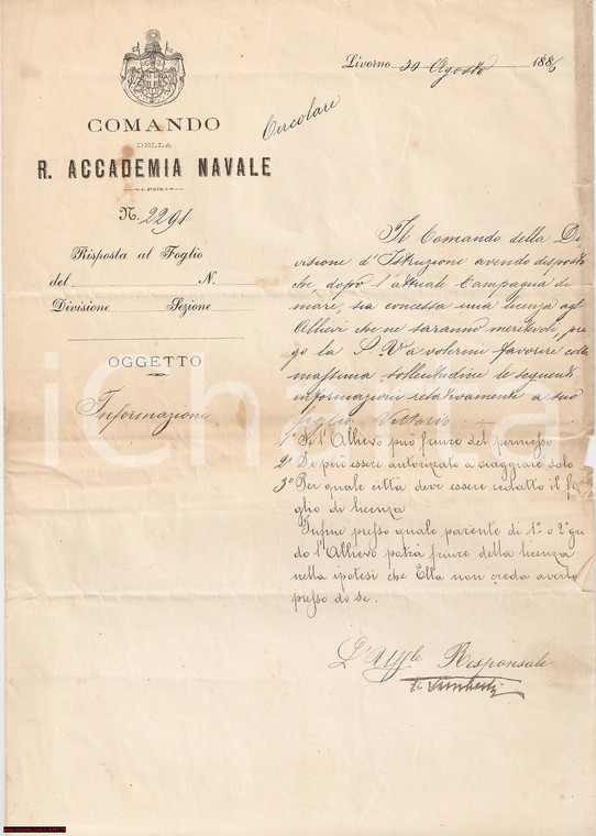 1886 LIVORNO Accademia Navale - Licenza per l'allievo Vittorio TORNIELLI