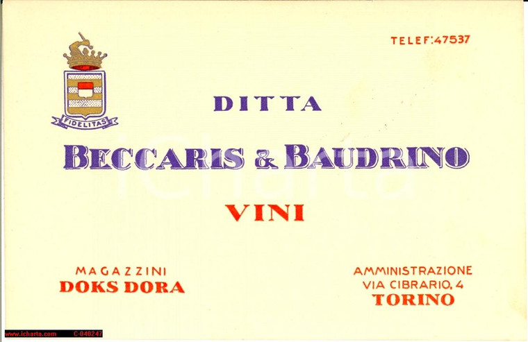 1940 ca TORINO Vini Ditta BECCARIS & BAUDRINO