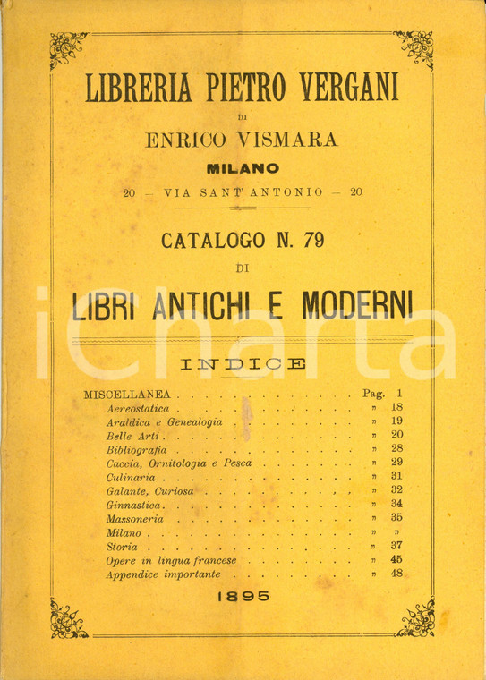 1895 MILANO Libreria Pietro VERGANI Catalogo di libri antichi e moderni n. 79