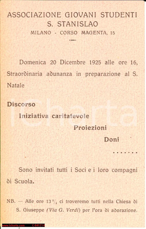 1925 MILANO Associazione Giovani Studenti S. STANISLAO