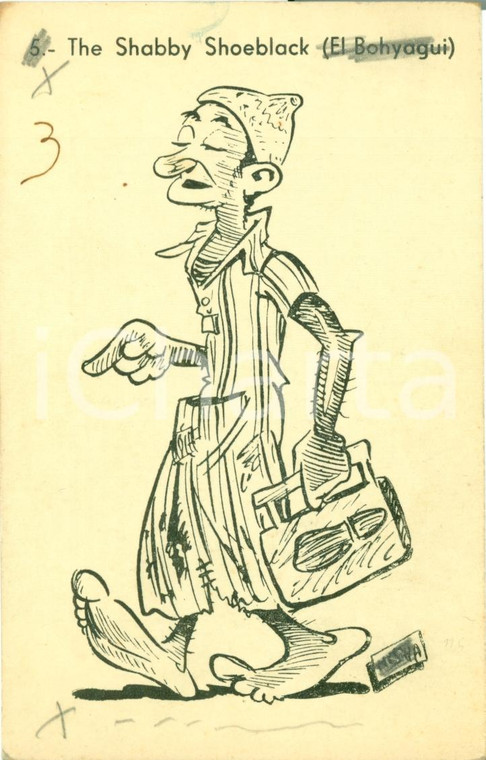 1935 ca AFRICA COLONIALE Satira RAZZISMO Shabby shoeblack MISCHA *Cartolina FP